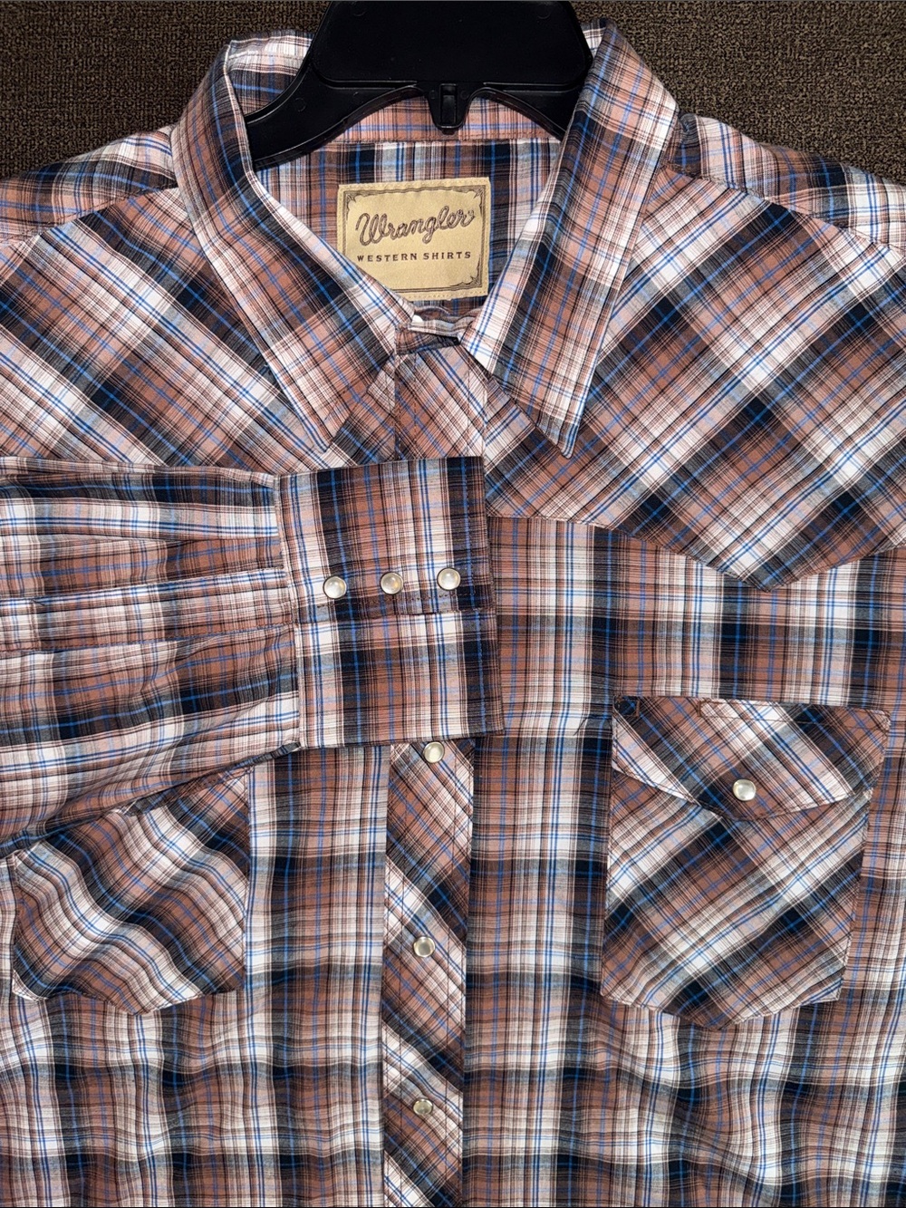 Wrangler Western Shirt Mens Brown Blue Plaid Pearl Snap Long Sleeve XXL